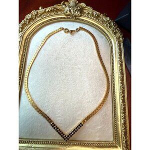 Vintage Gold Tone Necklace Black Stone Accents & V Design 16 Inch Chain USA